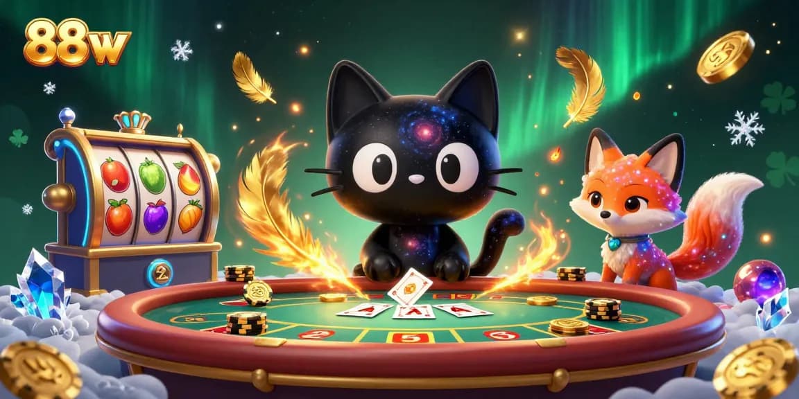 88vv showcases a cosmic casino adventure with a black hole cat and nebula fox, pulling in golden chips.