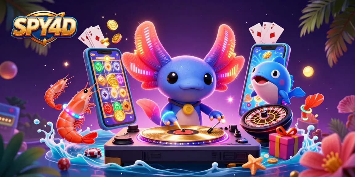 SPY4D menyajikan slot game berwarna-warni dan DJ berkarakter neon yang meriah.