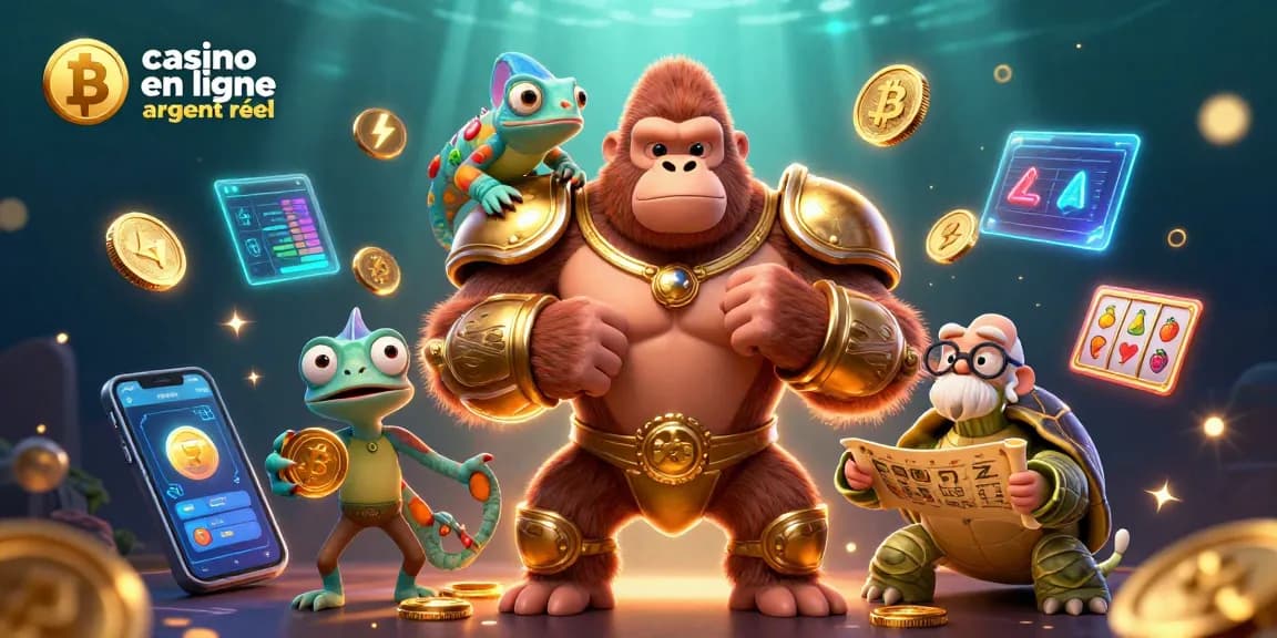 Une scène animée de casino en ligne argent réel avec un gorille puissant et des éléments de jeux d'argent numériques.