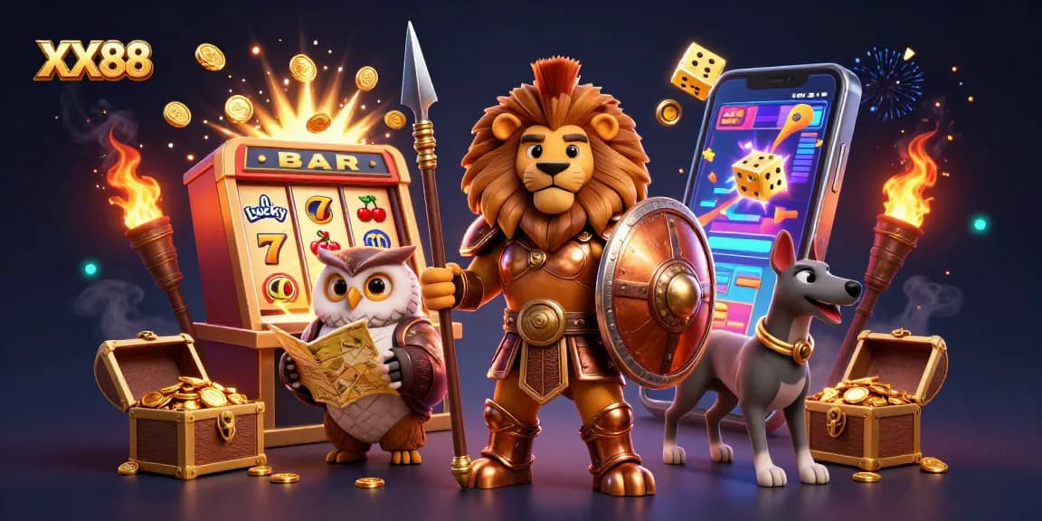Experience exciting gameplay at XX88 with a 3D illustration showcasing a vibrant casino environment filled with jackpots.