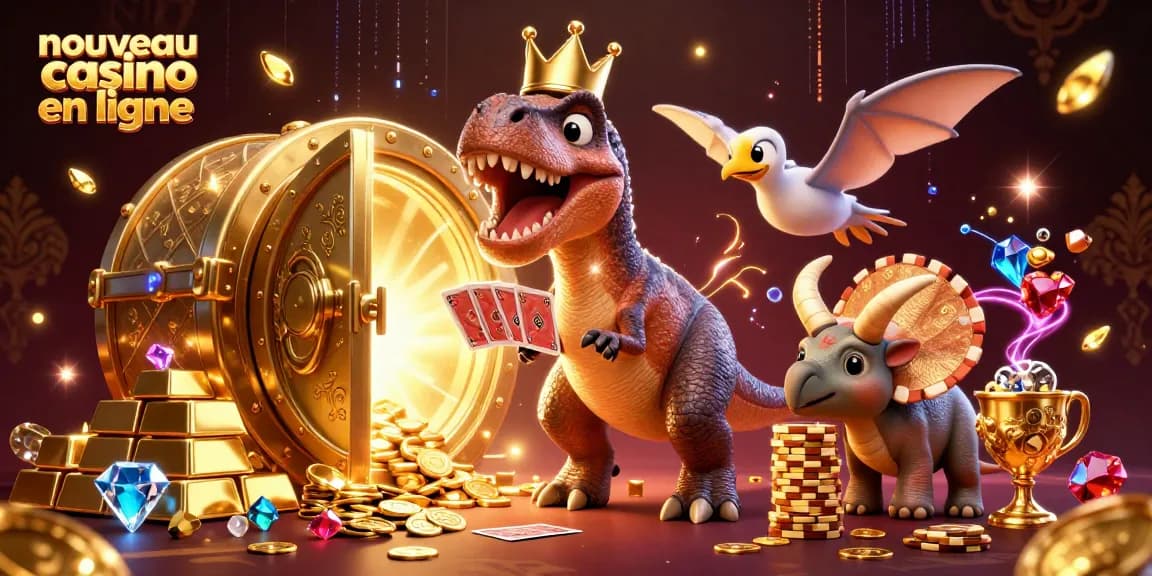 Jouez aux jeux du nouveau casino en ligne avec un T-Rex cartoon et un triceratops empilant des jetons dorés.