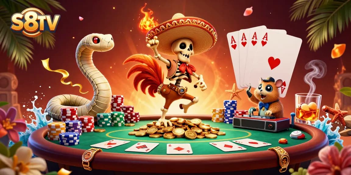 S8TV delivers dynamic fun with a skeleton mariachi rooster dancing on coins, showcasing exciting gaming elements.
