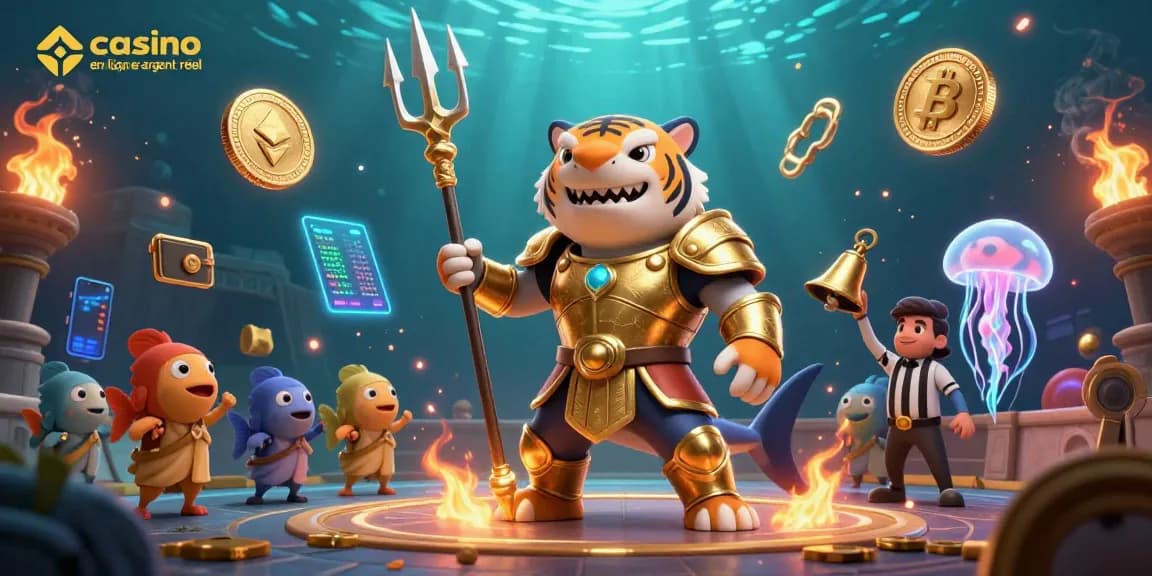 Le jeu d'argent en ligne argent réel avec un requin tigre en armure dans une arène sous-marine.
