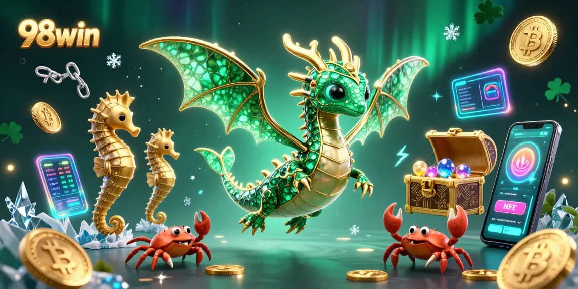 Experience the excitement of 98win casino with a vivid portrayal of a dragon guarding treasures amidst crypto symbols.
