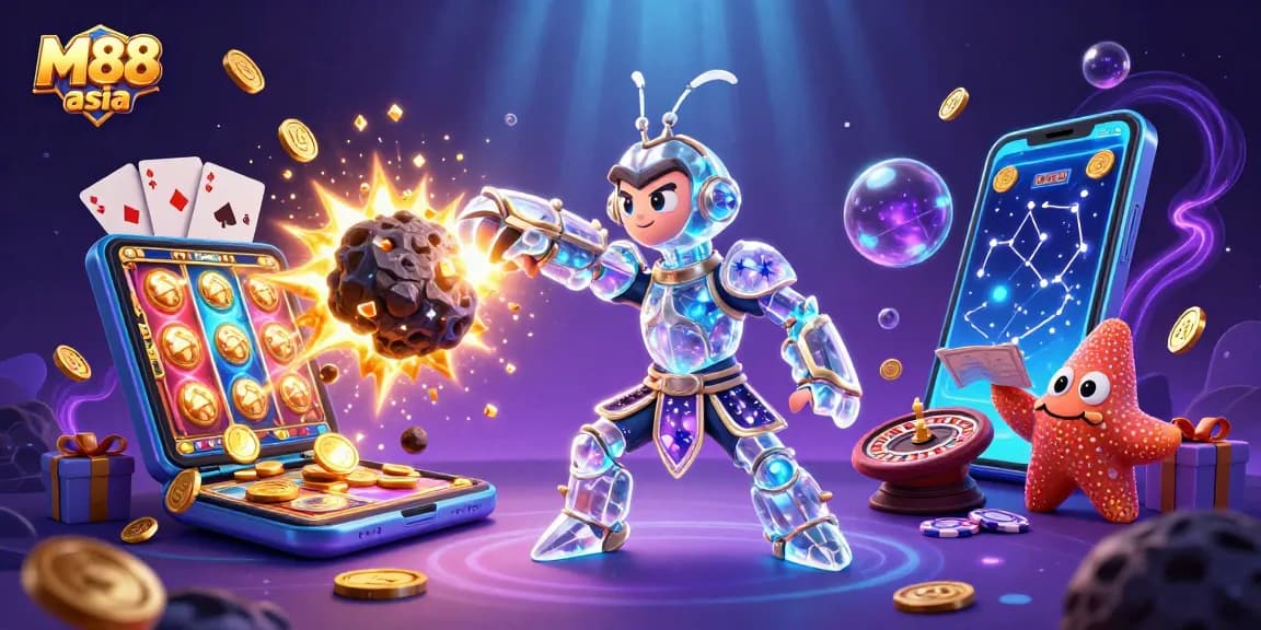 M88 asia showcases an epic scene of a galactic mantis shrimp amidst dynamic casino elements, capturing thrilling gaming action.