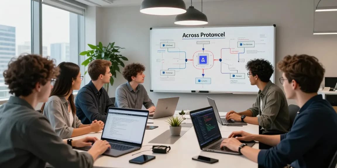 Developers collaborating on acrossprotocol technology in a dynamic blockchain workspace with modern design elements.