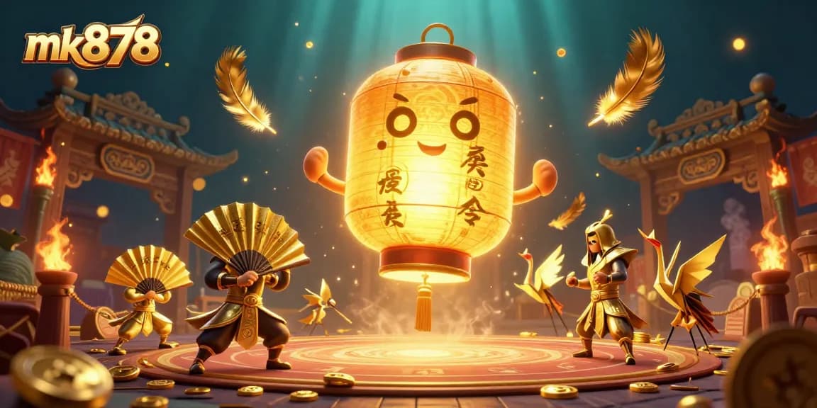 Engage with mk878's immersive gaming scene featuring a glowing lantern spirit and dynamic casino elements