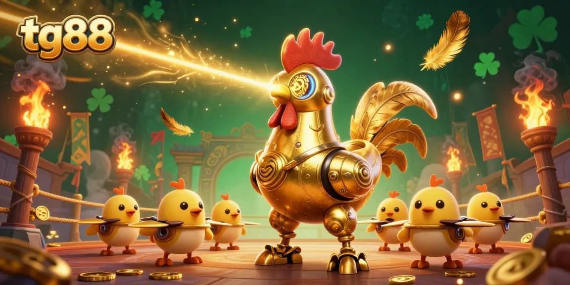 Engage with tg88's dynamic gaming experience, featuring a golden rooster robot amidst vibrant casino elements.