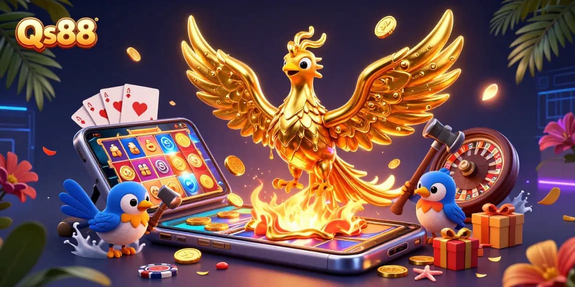 Engage with Qs88's thrilling 3D casino scene featuring golden phoenix and dynamic game elements.