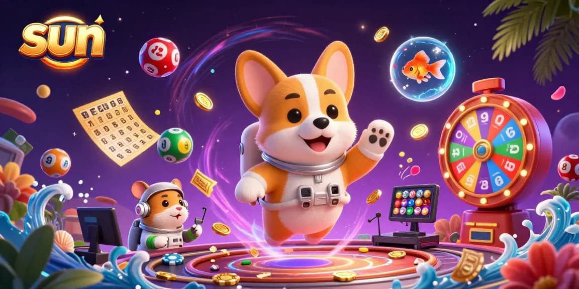 Engage in thrilling games of chance with sun-themed floating slots and vibrant casino elements.