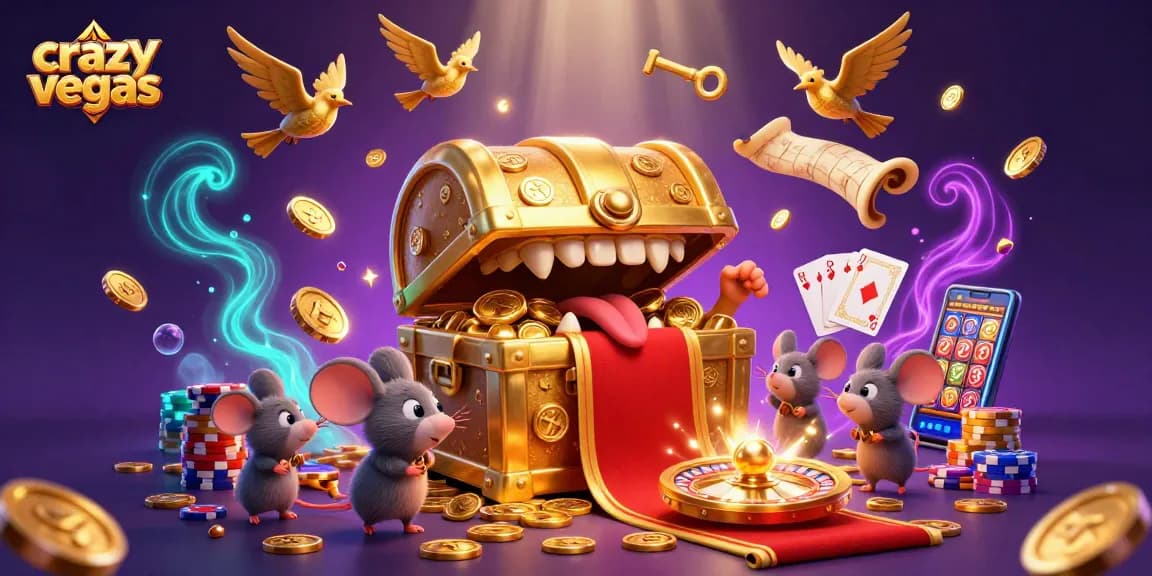 Experience the excitement of online gaming with crazyvegas as treasure-chest mice explore casino riches.