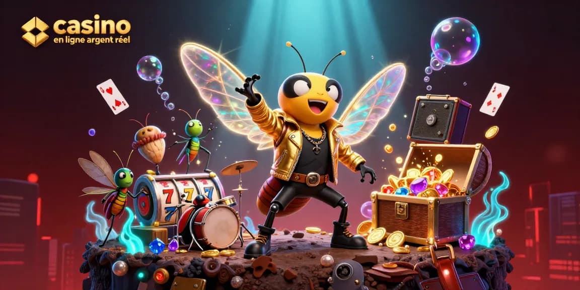 Illustration dynamique de mascottes de casino en ligne argent réel avec des éléments de jeu colorés et riches.