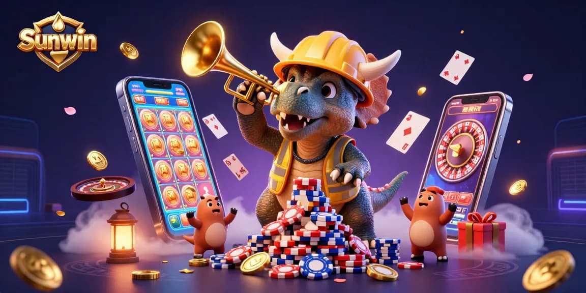 Sunwin players enjoying a vibrant gaming atmosphere with cheering characters and shining slot machines.