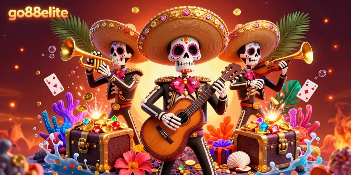 Experience endless betting fun with go88elite's vibrant casino illustration featuring joyous mariachi skeletons.