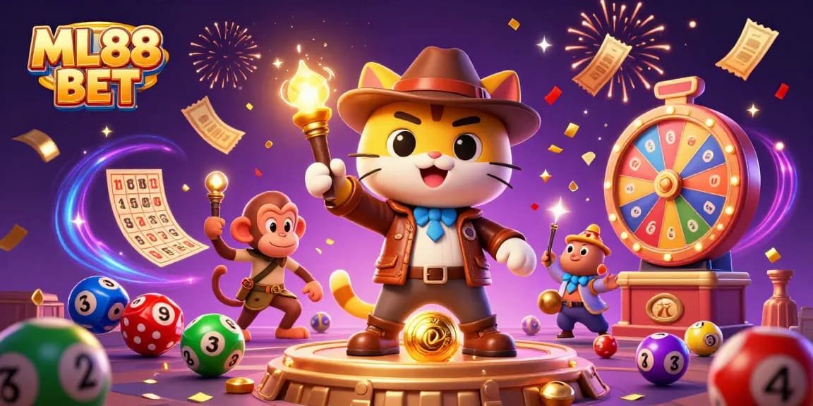 Engage with the action featuring ML88 BET as a cartoon cat archaeologist discovers casino treasures amidst vibrant lottery elements.