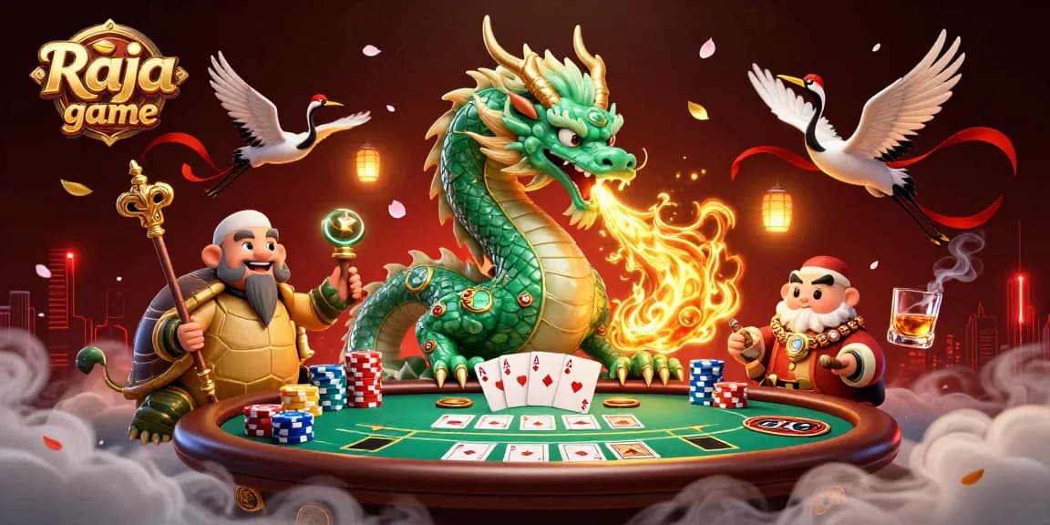 Experience the excitement of Raja game with a jade dragon and cartoon characters at a poker table.
