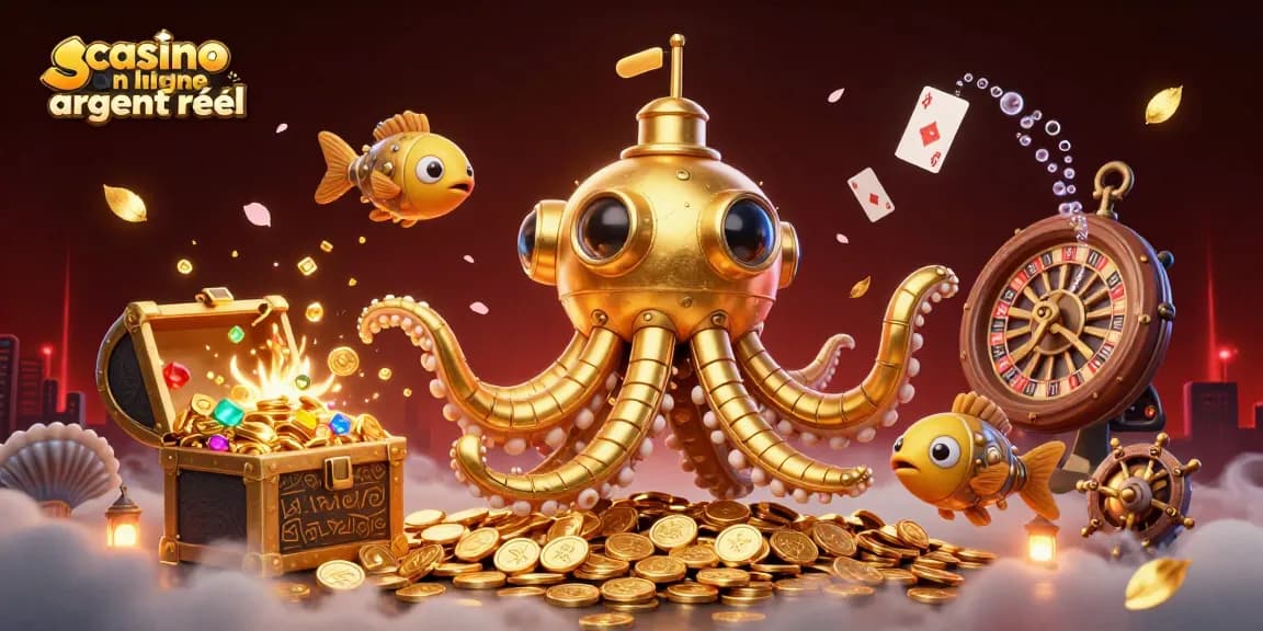 Jouez dans un environnement fascinant de casino en ligne argent réel avec un kraken doré sur fond de pièces d'or.