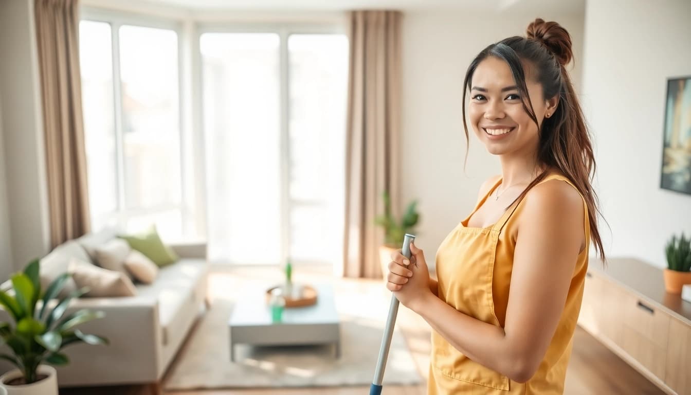 Streamlined bond cleaning Logan service showcases a professional cleaner in a pristine apartment.