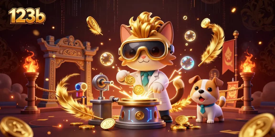 Experience thrilling wins at 123b with a vibrant casino scene featuring a mad scientist cat and dog.