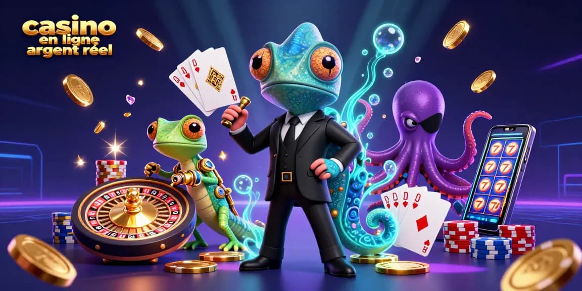 Casino en ligne argent réel au sein d'une scène dynamique avec des personnages animés et des éléments de jeux vibrants.