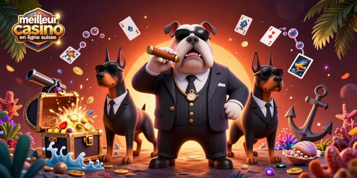 Plongez dans le meilleur site casino en ligne suisse, avec des personnages animés entourés de trésors et de jeux de cartes.