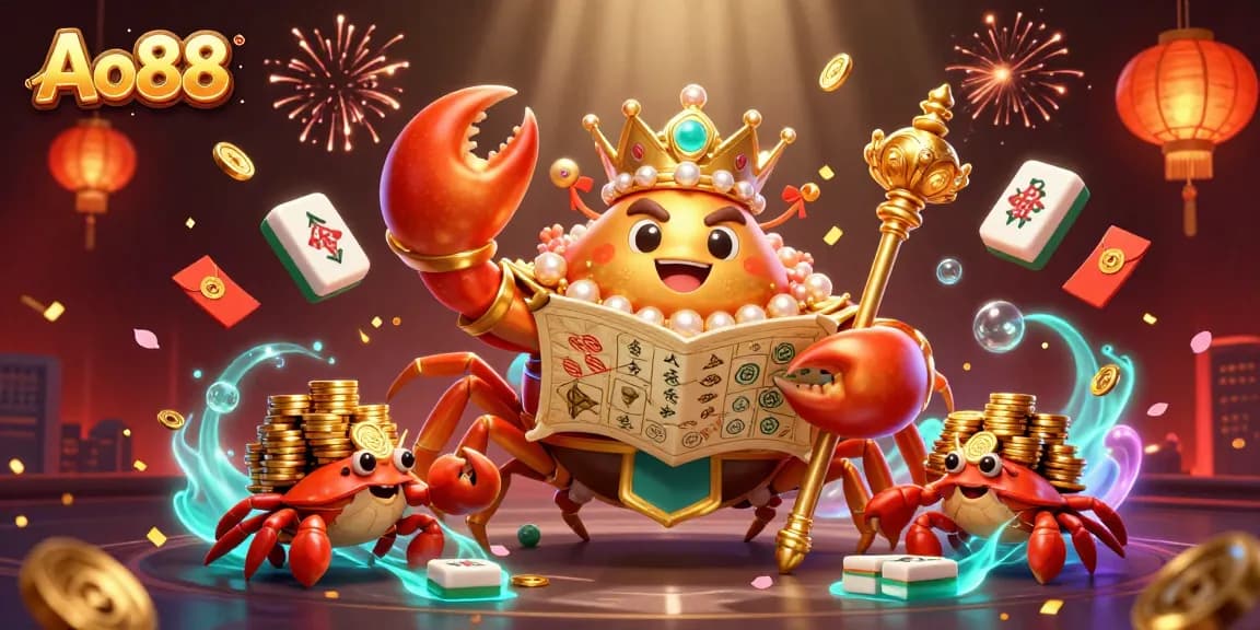 Experience the thrilling games at Ao88 with a golden crab emperor and treasure in this dynamic casino scene.