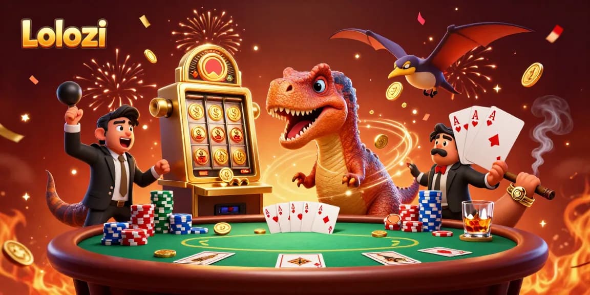Lolozi's 3D cartoon illustration features dinosaurs in a playful casino scene with a jackpot slot machine.