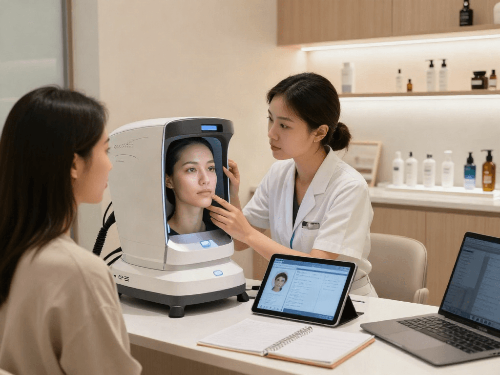ClinicEvo vs QOVES facial analysis comparison in a modern clinic setting.