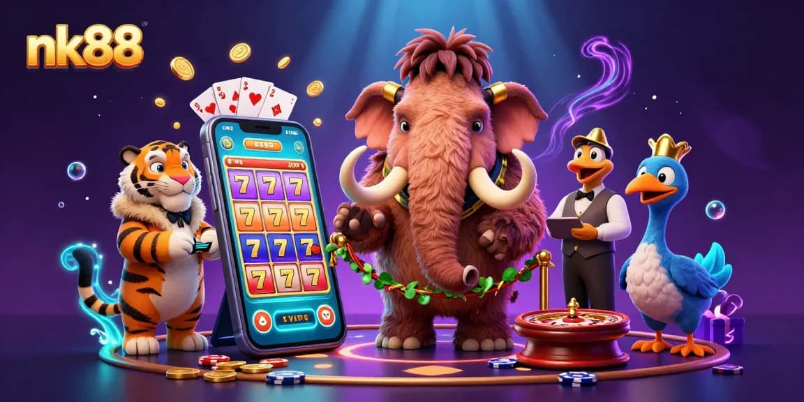 Engage with nk88's exciting casino experience featuring a mammoth bouncer and VIP guests in a vibrant scene.