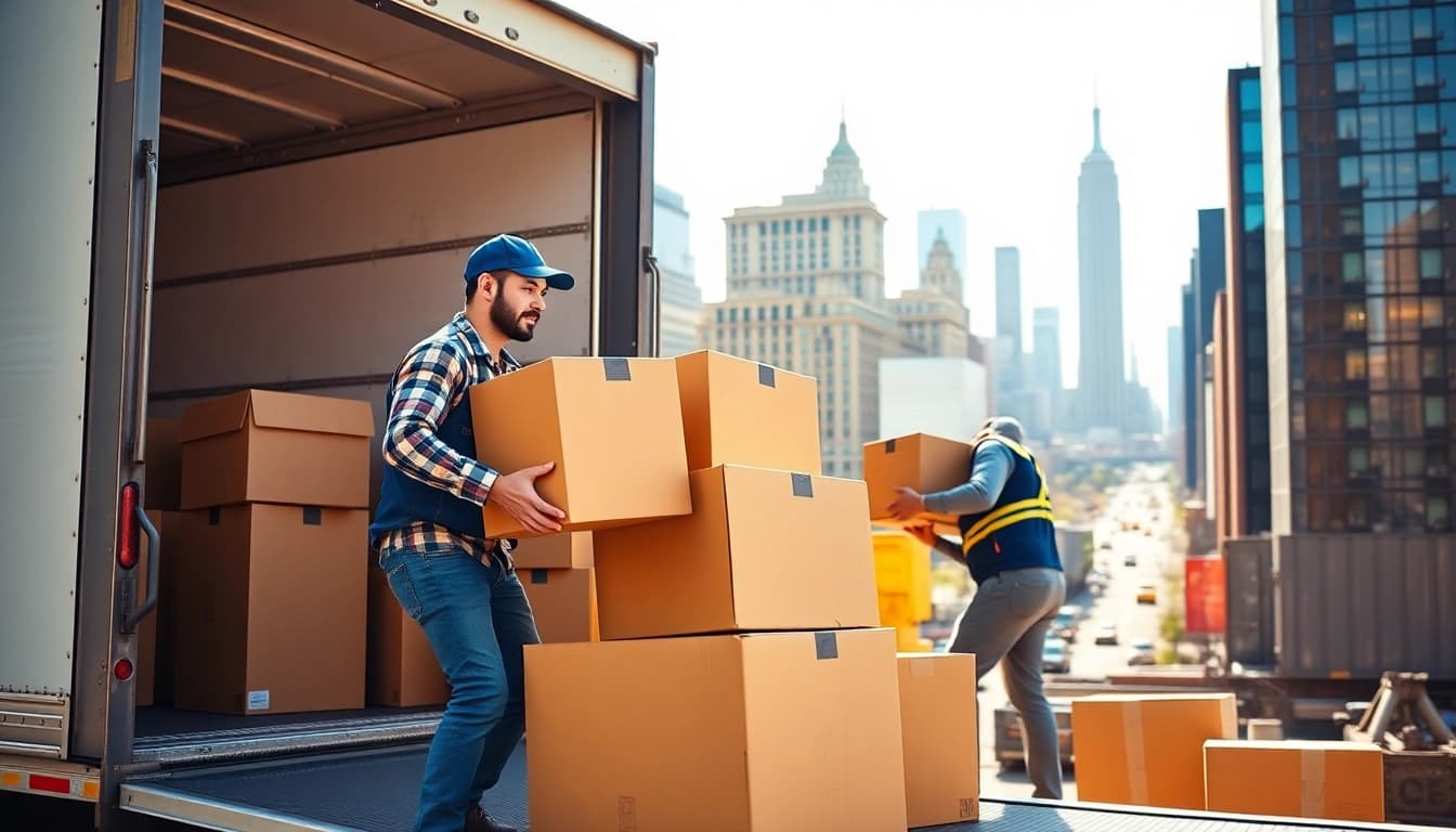 Efficient packers and movers new York loading boxes in front of a NYC skyline.