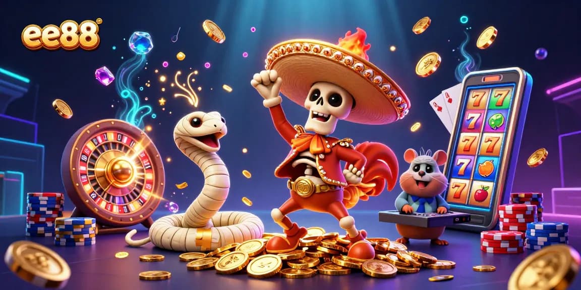 ee88 spins vibrant slot reels as a mariachi rooster dances, elevating casino excitement