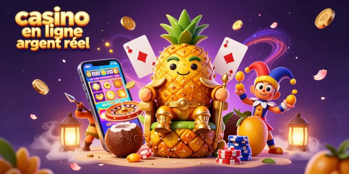 Une scène dynamique de casino en ligne argent réel avec un roi ananas, des gardes noix de coco, et des jeux colorés, idéale pour les joueurs.