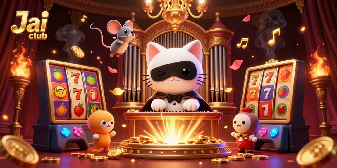 Engage with Jai club's vibrant 3D casino scene featuring slot reels, whimsical characters, and rich gaming elements.