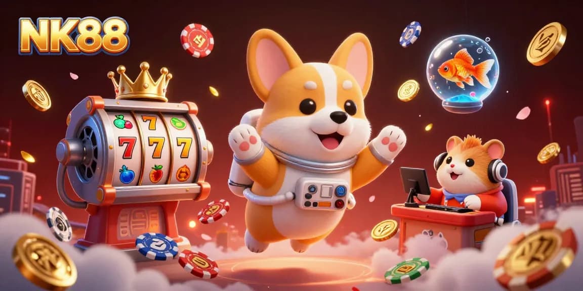 Play and win with NK88 in a vibrant casino space featuring floating characters and dynamic game elements.