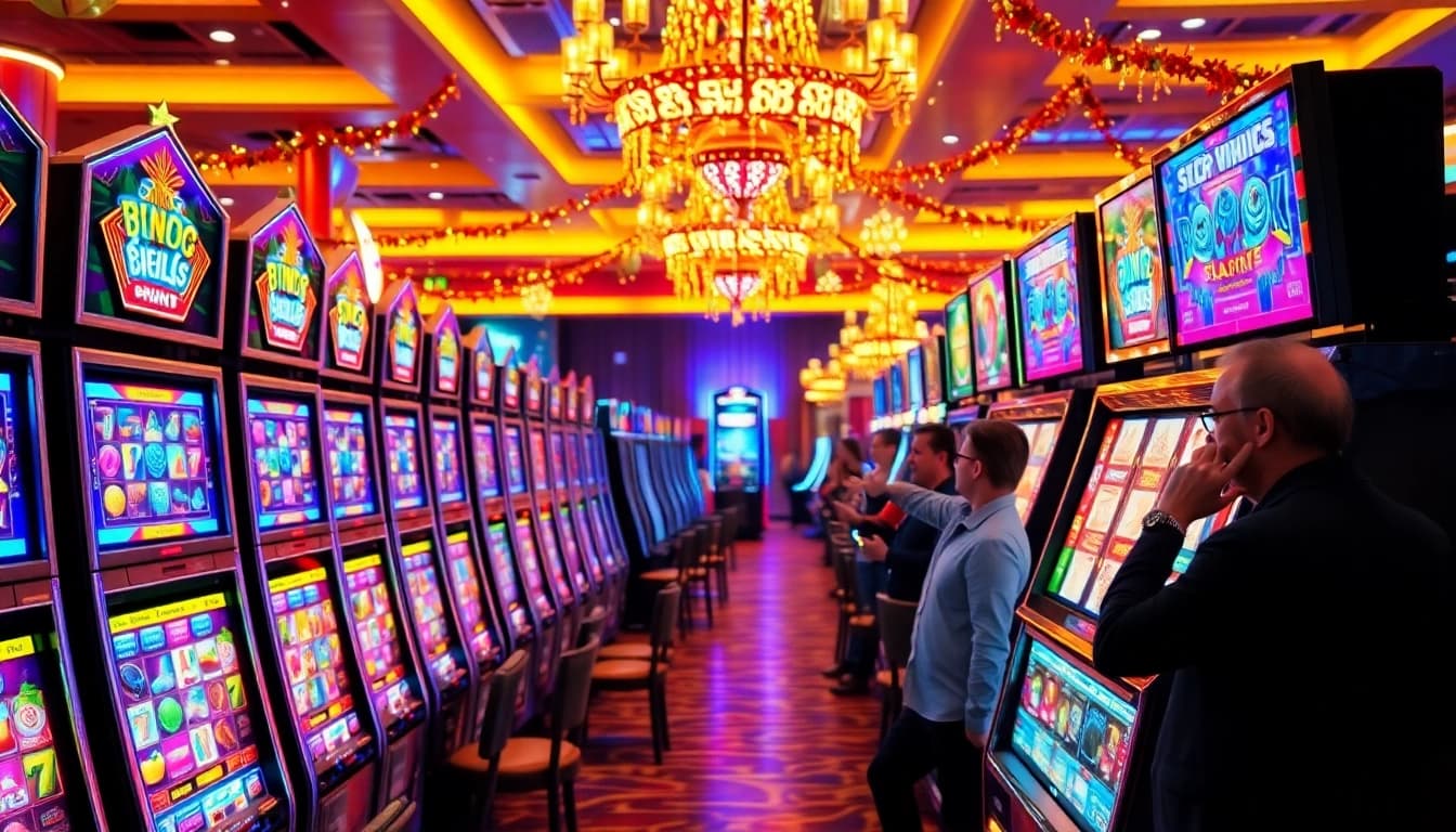 Experience the thrill of slot gambling with colorful machines and excited players.