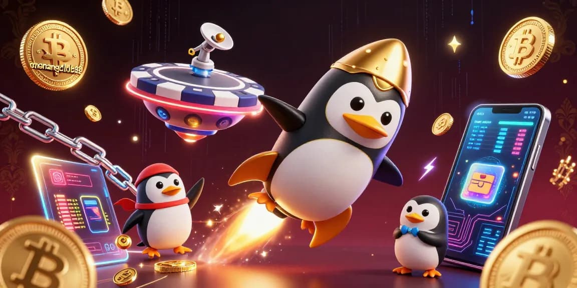 Play exciting games at menangclub88 with a golden penguin zooming through a space casino.