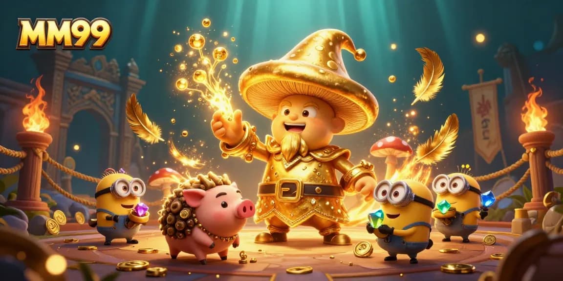 Experience the magic of MM99 with golden wizardry and treasure hunting in a vibrant casino scene.