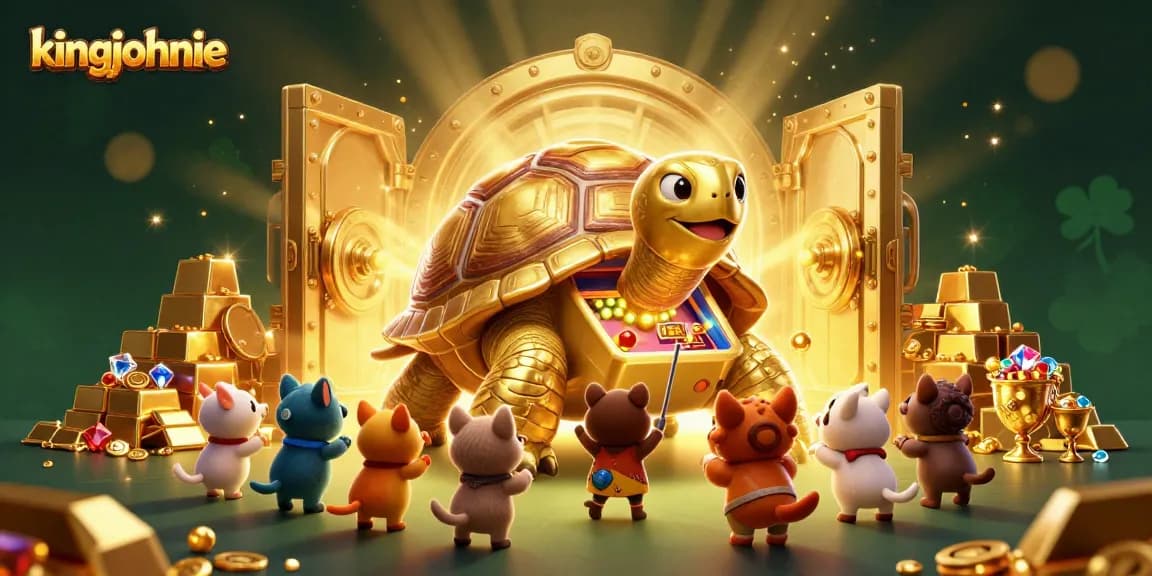 Join the excitement at kingjohnnie with a vibrant 3D casino illustration featuring playful characters and sparkling treasures.