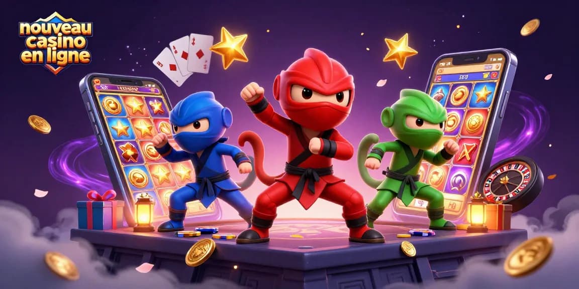 Visuel captivant représentant un nouveau casino en ligne avec des caméléons ninja en action, des jeux de casino colorés, et des éléments dynamiques.