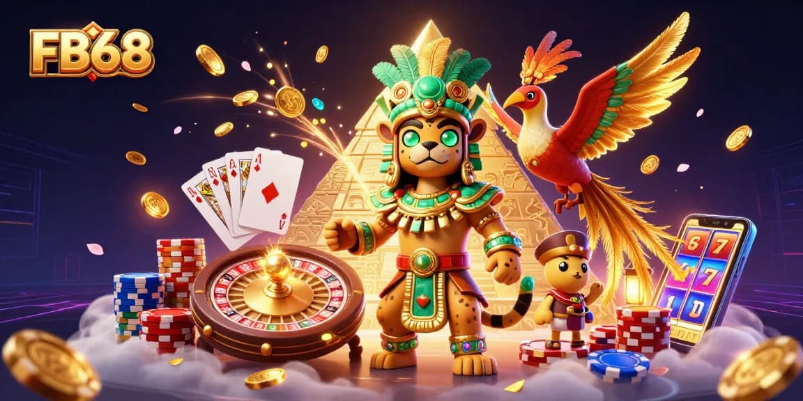 Engage with the vibrant FB68 casino world featuring a Mayan priest and colorful game elements.
