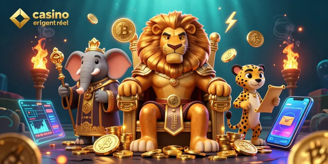 Casino en ligne argent réel : amusez-vous à gagner avec des jeux de casino captivants, incluant un roi lion et des pièces d'or.