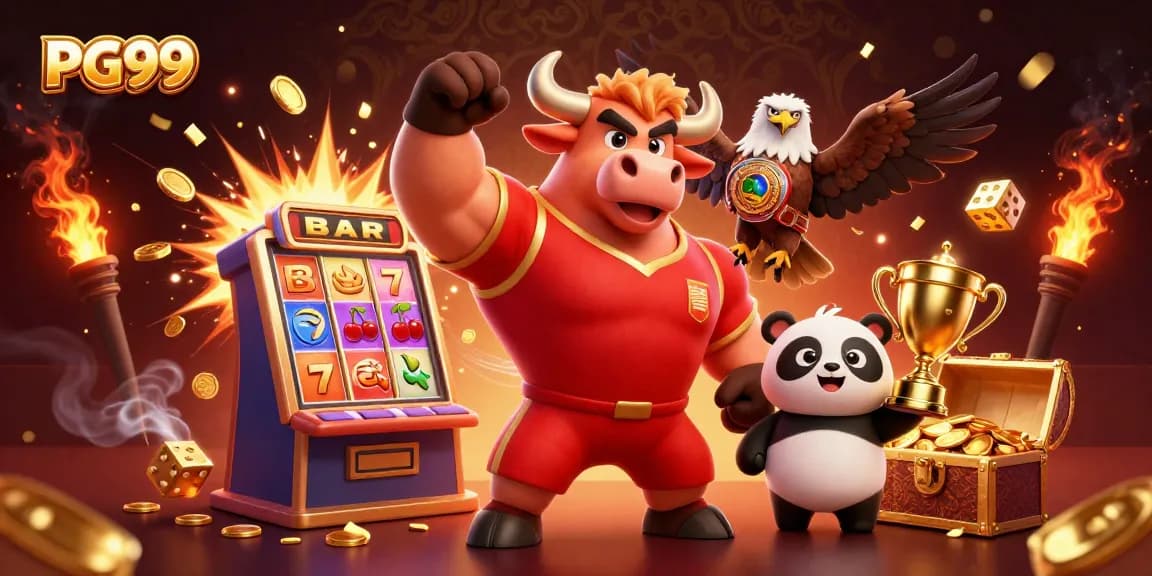 PG99 celebrates casino gaming with a bull mascot, eagle with a championship belt, and a panda holding a trophy.