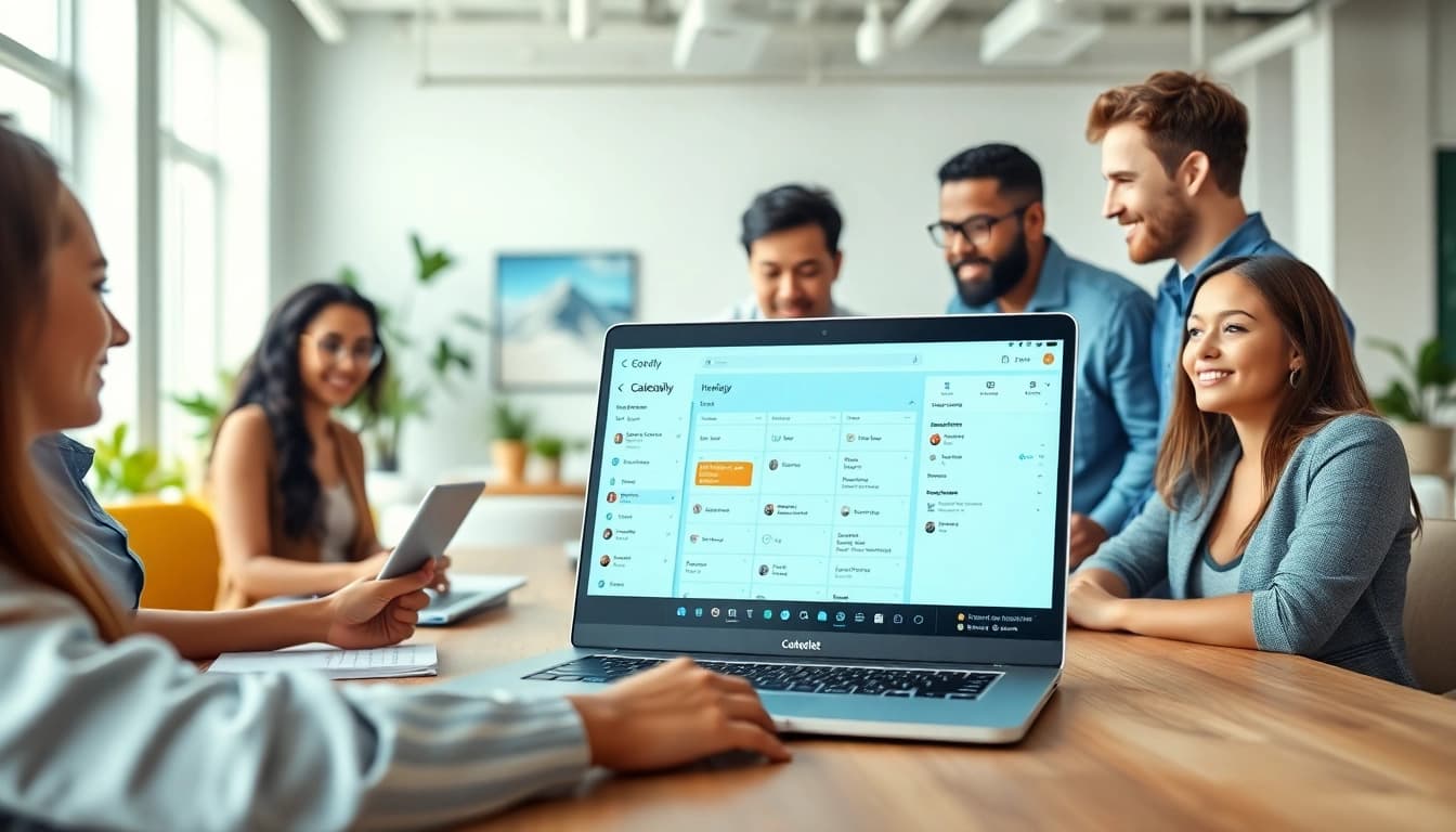 Collaborative workspace showcasing a Calendly alternative AI interface amidst a diverse team.