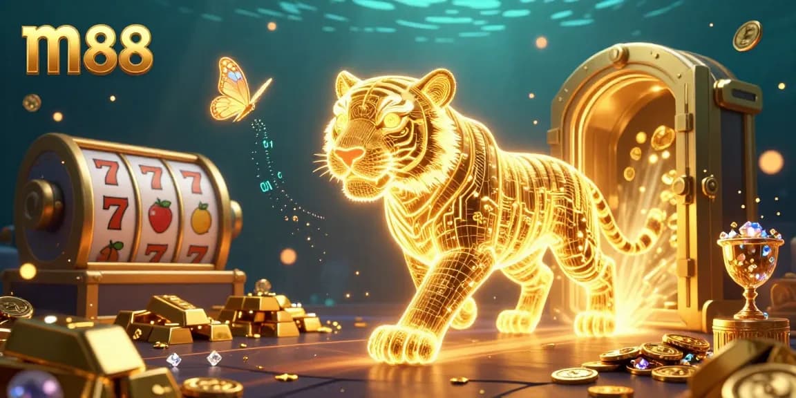 Experience the thrill of m88 in a vibrant 3D digital casino surrounded by gold treasures and winning symbols.