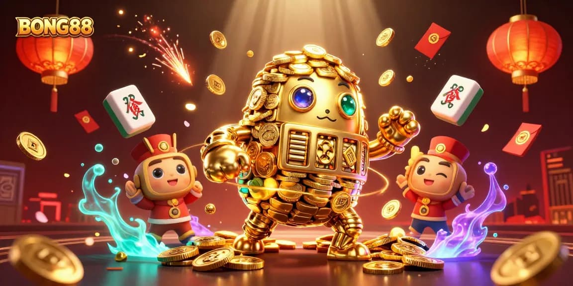 BONG88 welcomes gamblers with a dynamic 3D casino illustration showcasing a golden golem and festive elements.