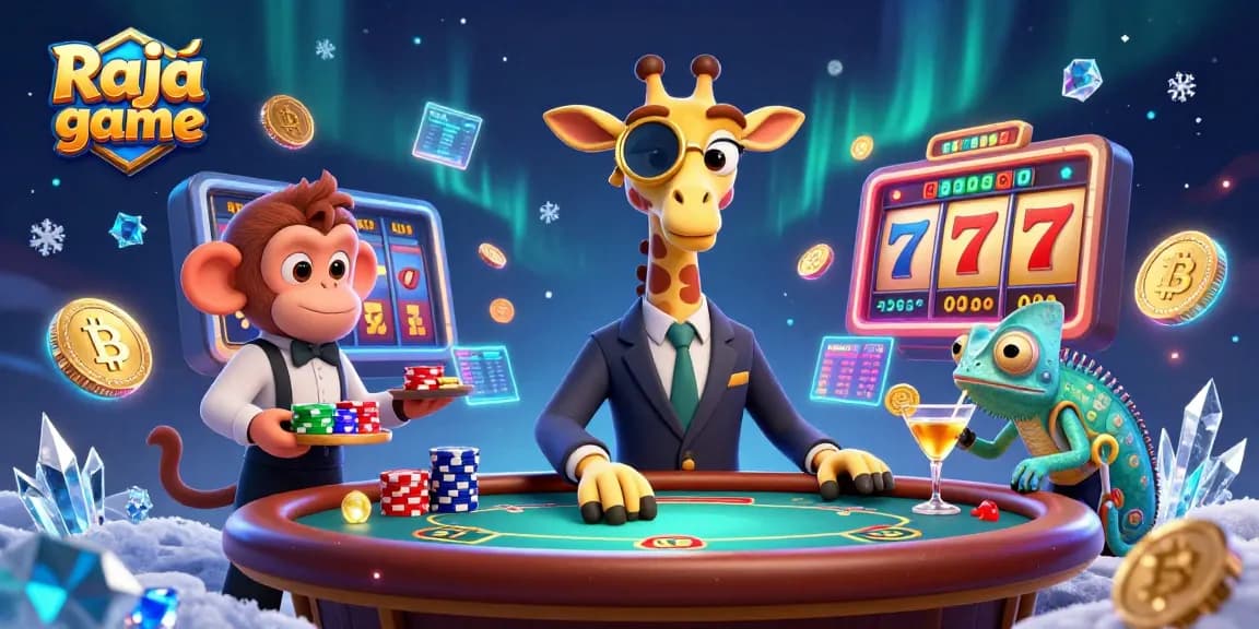 Join the excitement with Raja game in this immersive casino scene featuring a giraffe, monkey, and chameleon.