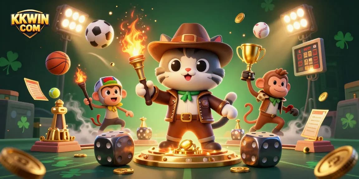 Immerse in KKWIN COM as the explorer cat discovers casino treasures amid dynamic sports elements and vibrant scenes.