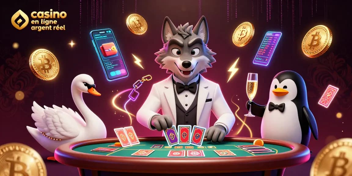 Jouer à des jeux de casino en ligne argent réel avec des personnages 3D dynamiques dans une illustration animée.