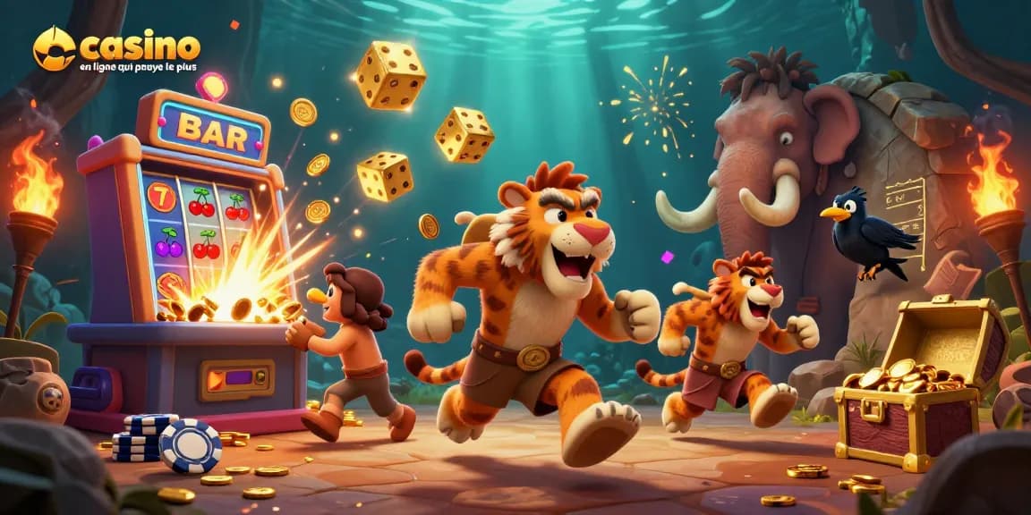 Illustration de casino en ligne qui paye le plus avec des personnages cartoon et des éléments de jeu colorés.