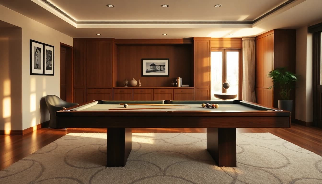 Buy Pool Tables displayed in a luxurious game room with stylish decor and warm lighting.